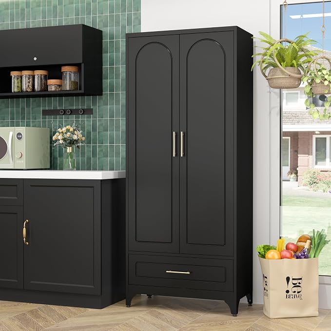 SteeLoong 75” Kitchen Pantry Cabinet, Metal Storage Cabinet with Drawer | Black Pantry Cabinets for Kitchen Storage with 3 Adjustable Shelves,Tall Freestanding Cupboard for Living Room,Kitchen,Garage