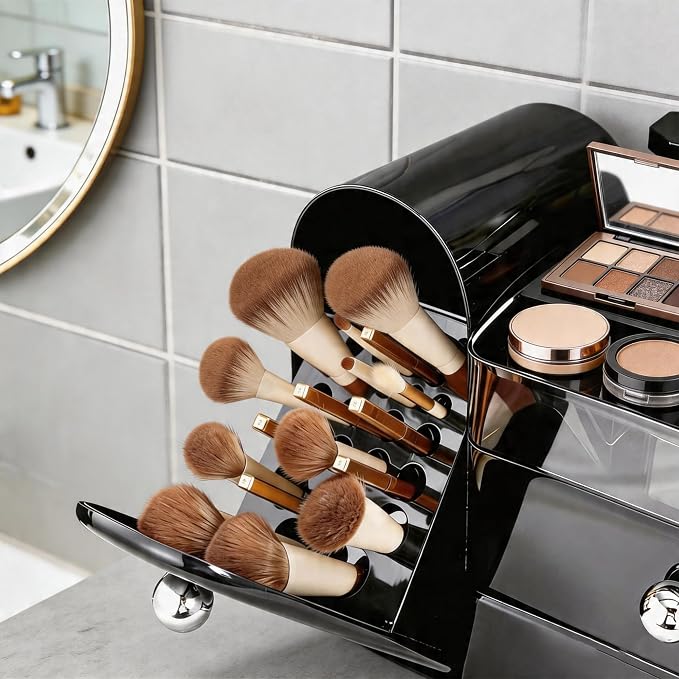 Makeup Organizer with Makeup Brush Holder, 2 Drawer, Black | Vanity Desk Organizer with Brush Holder, Compact Countertop, Cosmetic Storage for Lipsticks, Perfumes, Eyeshadow Palettes