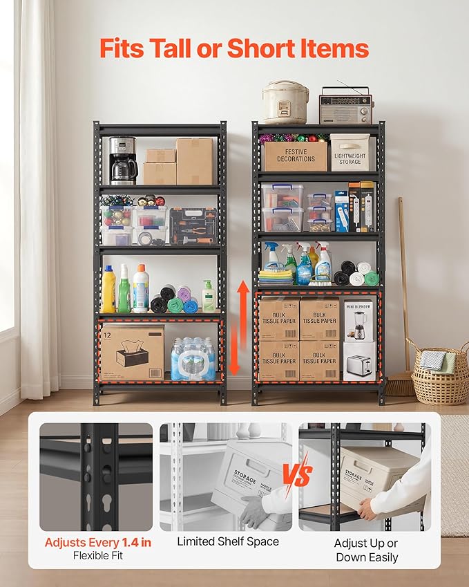 VEVOR Storage Shelves, 5-Tier Adjustable, 2000 lbs Capacity, Heavy Duty Garage Storage Shelving Unit, Metal Utility Rack Shelf, for Kitchen Pantry Basement Bathroom, 28.35" W x 12.17" D x 59.84" H
