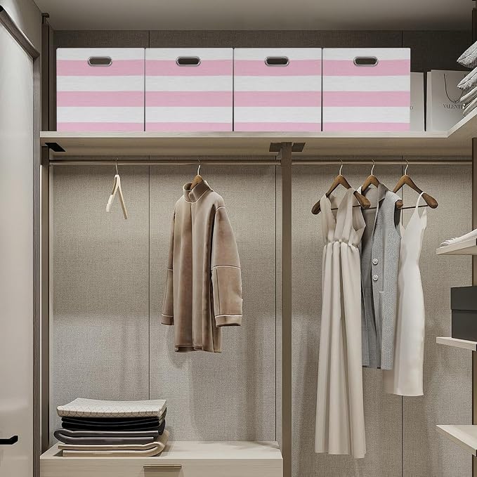 Posprica Storage Bins Storage Cubes,13×13 Collapsible Storage Boxes Containers Organizer Baskets for Nursery,Office,Closet,Shelf - 4pcs,Pink-white Striped