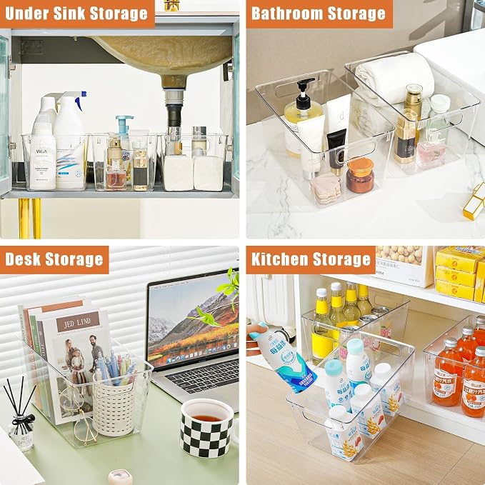 Freebat 6 Pack Pantry Organization and Storage,Clear Plastic Storage Bins | Large, Cabinet Organizer, Clear Plastic Storage Containers with Handle,Acrylic Storage Bins for Cabinet, Fridge