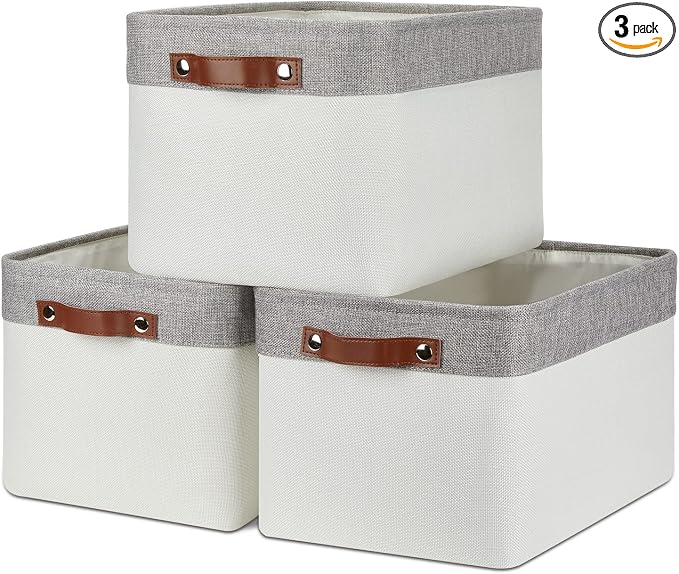 DULLEMELO Storage Baskets for Organizing, Shelves,Bedroom, Decorative Storage Bins with Leather Handles, Fabric Storage Basket for Office, Toys(3-Pack Medium-15 inch X 11 inch X 9.5 inch , Grey&White)