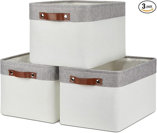 DULLEMELO Storage Baskets for Organizing, Shelves,Bedroom, Decorative Storage Bins with Leather Handles, Fabric Storage Basket for Office, Toys(3-Pack Medium-15 inch X 11 inch X 9.5 inch , Grey&White)