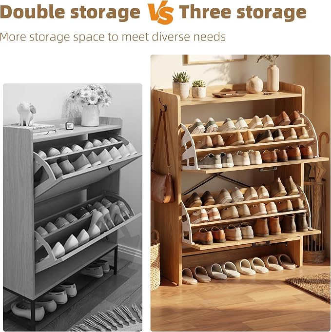 Shoe Storage Cabinet for Entryway, 2 Flip Drawers with 3-Tier Rack Each, 6-Layer Total Storage, Narrow Shoe Cabinet with Linen Panel, Slim Wood Shoe Organizer Closed Shoe Rack for Hallway,Small Spaces