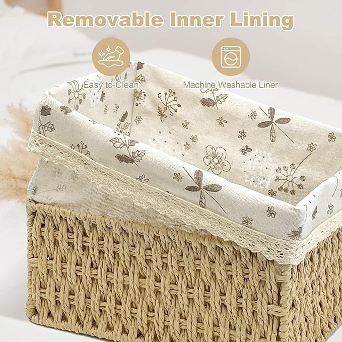 Wicker Storage Baskets Set of 3, Handwoven Paper Rope Organizer Bins with Removable Floral Liner, Small Medium Large for Bathroom, Pantry, Shelf, Countertop, Closet (Beige, L+M+S)