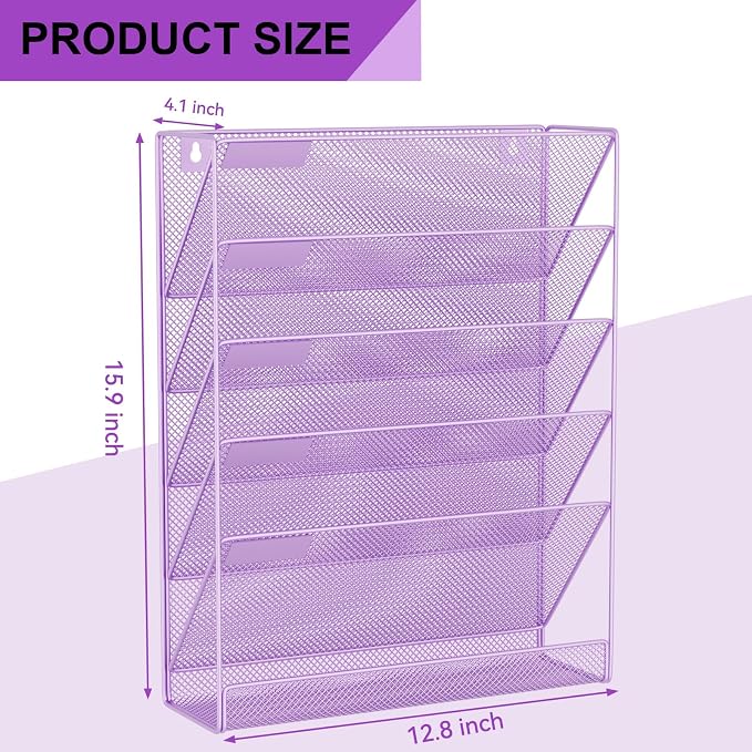 Wall File Organizer Holder Mesh Hanging Paper Document Holder, Vertical 6 Pocket Tier for Office Home, Light Purple
