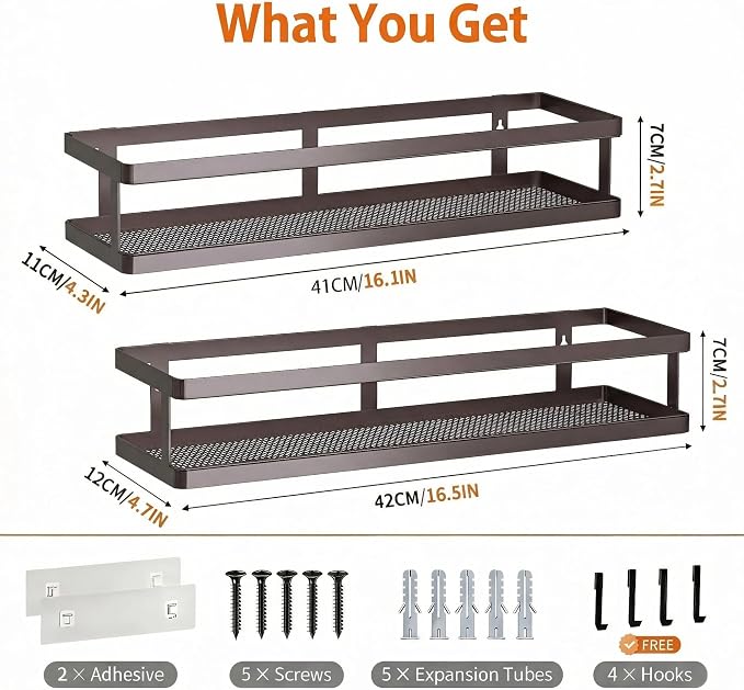 PUSDON 2-Pack 16.5" Extra Long Slim Shower Caddy, Adhesive Wall Mount Bathroom Organizer, Rustproof Open Frame Mesh Spice Rack for Kitchen, Holds 50LBS - Vintage Bronze, Guardrail