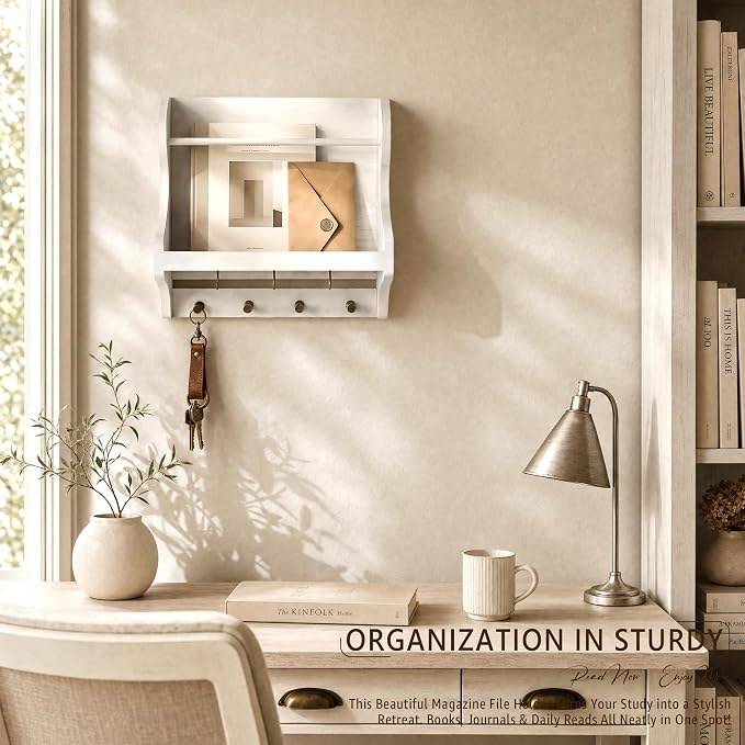 Rebee Vision Mail Organizer Wall Mount with 7 key Hooks Home Decor, White | Mail Holder for Wall, Key Hanger for Sunglasses and Wallets, Mail, Farmhouse Magazine Holder, Wood Decor, Apartment Aesthetic
