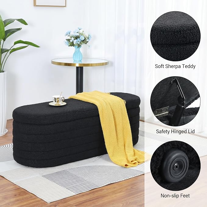 45.5" Black Ottoman with Storage, Sherpa | Upholstered Oval Design, Safety Hinge Lid, end of bed storage bench, Bedroom & Living Room, Entryway