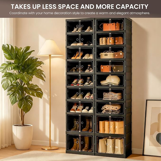 Foldable Shoe Organizer Storage Box Set of 4, Portable Extra Large Folding Shoe Rack for Closet, Shoe Storage Box with Magnetic Transparent Door and Wheels, 9 Layers 18 Grids with 4 Big Grids