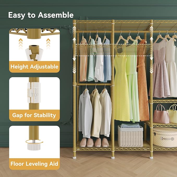 Higeego H5 Heavy Duty Clothes Rack, Freestanding Clothing Rack, Gold | 93.3"Wx15.7"Dx75.4"H, Large Garment Rack, Freestanding Clost Rack for hanging clothes, with Adjustable Shelf, Load 1400 lbs