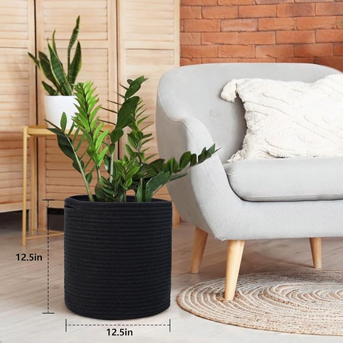 MEGASKET Cotton Rope Plant Basket, Woven Basket Planter for 11 inch Pot, Round Indoor Tree Pot Cover, Storage Bin Organizer, Modern Planter and Home Decor, 12.5”X12.5”, Black