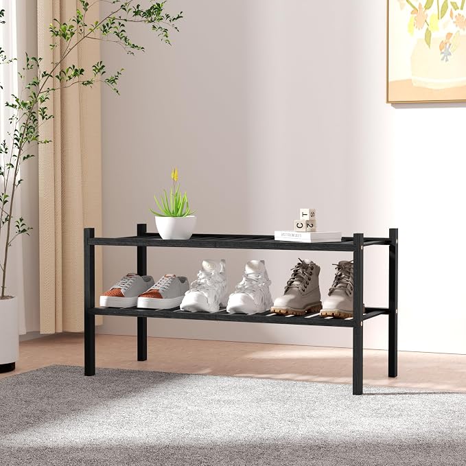 ROMGUAR CRAFT 2 Tier Bamboo Shoe Rack for Closet Free Standing Wood Shoe Shelf for Entryway Small Space Stackable 27"x11"x13" (Black)