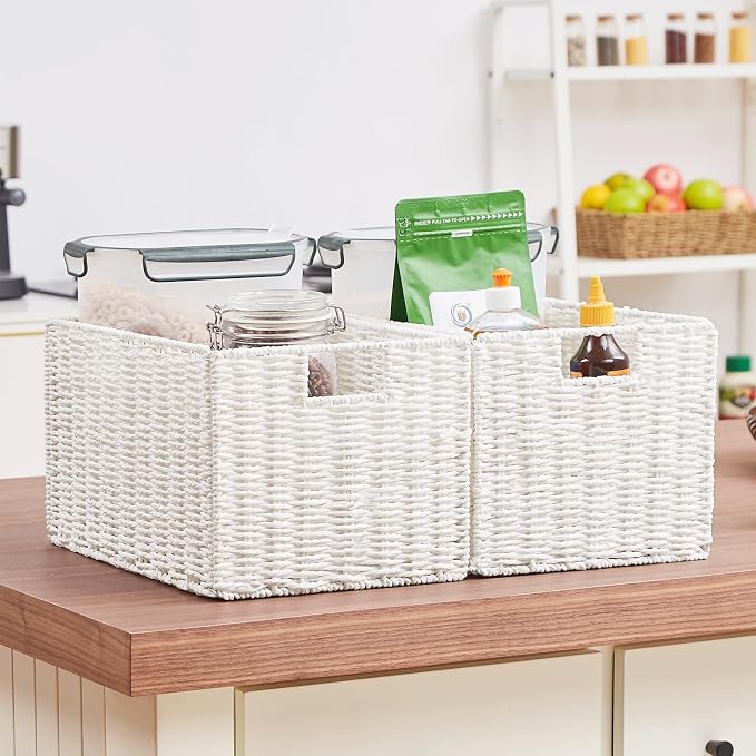 Vagusicc Wicker Storage Basket, Set of 2 Hand-Woven Paper Rope Wicker Basket, Large Storage Baskets for Organizing, Foldable Large Cube Storage Organizer Bins for Shelves (White)
