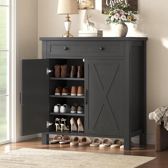 Farmhouse Shoe Storage Cabinet, 5-Tier High Boots Organizer with Adjustable Shelves, Large Drawer & Barn Doors, Entryway Shoe Rack for Hallway Living Room, Black