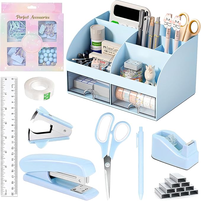 COMFYROOM Desk Accessories with Pen Holder, Office Supplies Desk Organizers and Accessories, Tape Dispenser, Stapler, Staple Remover, Staples, Clips Set, Ruler, Scissor, Pen, Tape (Blue)