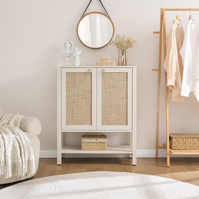SICOTAS Rattan Shoe Cabinet with Storage, 5 Tier, White Cream Oak | Farmhouse Boho Shoe Organizer Storage Cabinet with Shelves & Doors, Tall Shoe Rack Cabinet for Entryway, Living Room, Closet