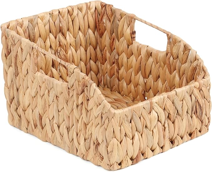 FEILANDUO Wicker Basket with Handles, Handwoven Storage Basket for Pantry, Trapezoid Decorative Baskets for Shelves Home Organizer (Natural(Water Hyacinth), 9.05"L x 11"W x 7.08"H)