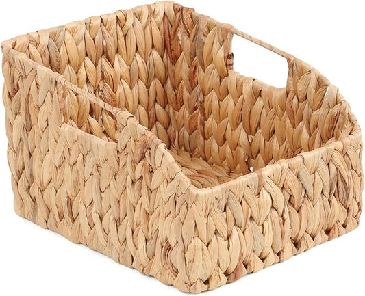 FEILANDUO Wicker Basket with Handles, Handwoven Storage Basket for Pantry, Trapezoid Decorative Baskets for Shelves Home Organizer (Natural(Water Hyacinth), 9.05"L x 11"W x 7.08"H)