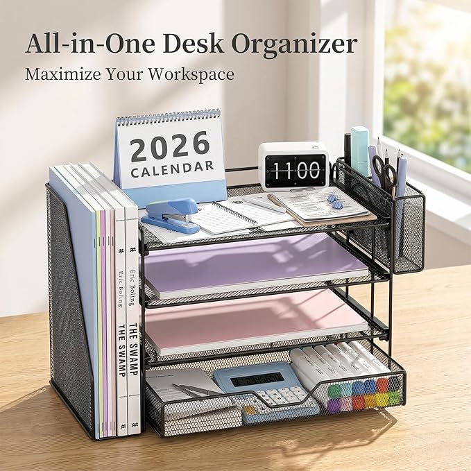 OPNICE Desk Organizer, 4-Tier Desktop File Organizer with Drawer and Pen Holders, Office Desk Accessories, File Sorters, Workspace Organizers for Office Supplies(Black - Metal Pen Holder)