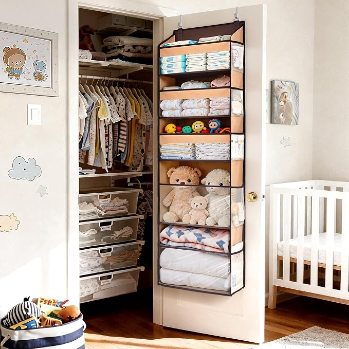 5 Tiers Over Door Organizer with 10 Mesh Side Pockets, 44 lbs Weight Capacity Hanging Storage Organizer with Clear Window Kids Toys, Shoes, Diapers, Brown