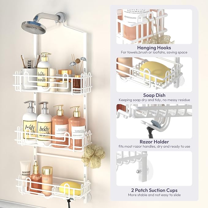 SWTYMIKI Shower Caddy Hanging Organizer - 3-Tier Rustproof Shower Organizer Over Showerhead with Adjustable Baskets, 24 Hooks, Soap & Razor Holder - No Drill Large Bathroom Storage Rack, White