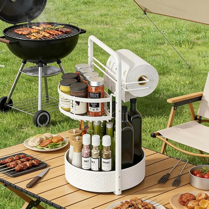 Rotating Spice Rack with Paper Towel Holder, White | 2 Tier Turntable Lazy Susan, Durable Iron, Seasoning Organizer, For Kitchen Countertop