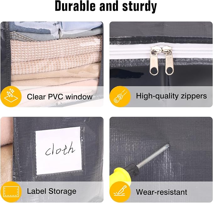 Blanket Storage Bags 6 Pack 60L Clothes Closet Organizer Containers PE | High-Strength PE, Reinforced Handle, Dual-Slider Zipper, Clear Window and Label Pocket, Ventilated Foldable Design