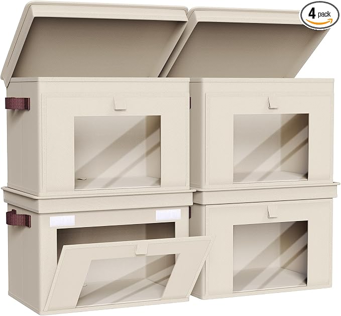 Univivi Front Opening Storage Bins with Lids for Closet, Beige, 4 Pack | Foldable Fabric Storage Cubes, Large Closet Organizers and Storage with Clear Window & Handles for Clothes Storage