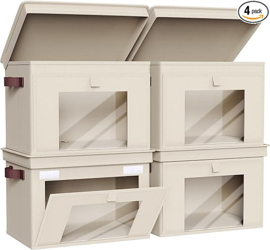 Univivi Front Opening Storage Bins with Lids for Closet, Beige, 4 Pack | Foldable Fabric Storage Cubes, Large Closet Organizers and Storage with Clear Window & Handles for Clothes Storage