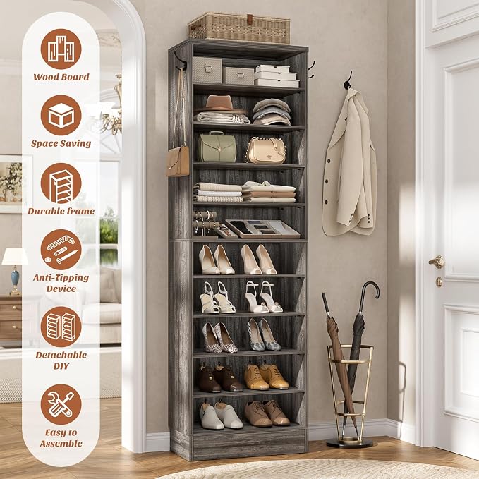 Aheaplus Tall Shoe Cabinet, 10 Tiers Narrow Wood Shoe Rack, Shoe Storage Organizer with Open Storage, Vertical Shoe Shelf Tower for 20-22 Pairs, Space Saving, for Closet, Entryway, Bedroom, Black Oak