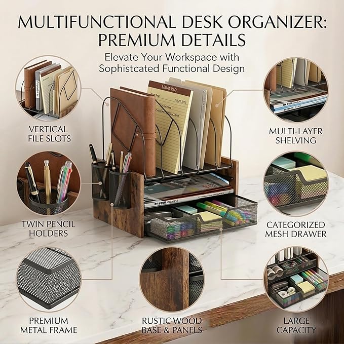 Desk Organizer with Drawer, Desktop File Organizer and Paper Tray Organizer with Vertical File Holder, Office Desk Accessories for Mail, Documents, Papers, Notebooks and Home Office Storage
