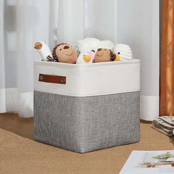 DULLEMELO 11 Inch Cube Storage Bins (Set of 4), Fabric Storage Baskets for Standard Cube Organizers, High-Capacity Collapsible Bins with PU Leather Handles for Closet, Nursery, and Shelves-White&Grey