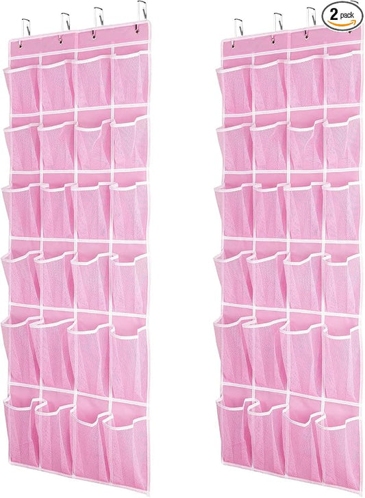 SAVERHO 2 Pack Hanging Shoe Organizer，Over Door Shoe Organizer with 24 Mesh Large Pockets Shoe Storage Bag for Sport Shoes Size:58x21 Inch Hanging Door Shoe Rack Organizer (Pink-2pack)