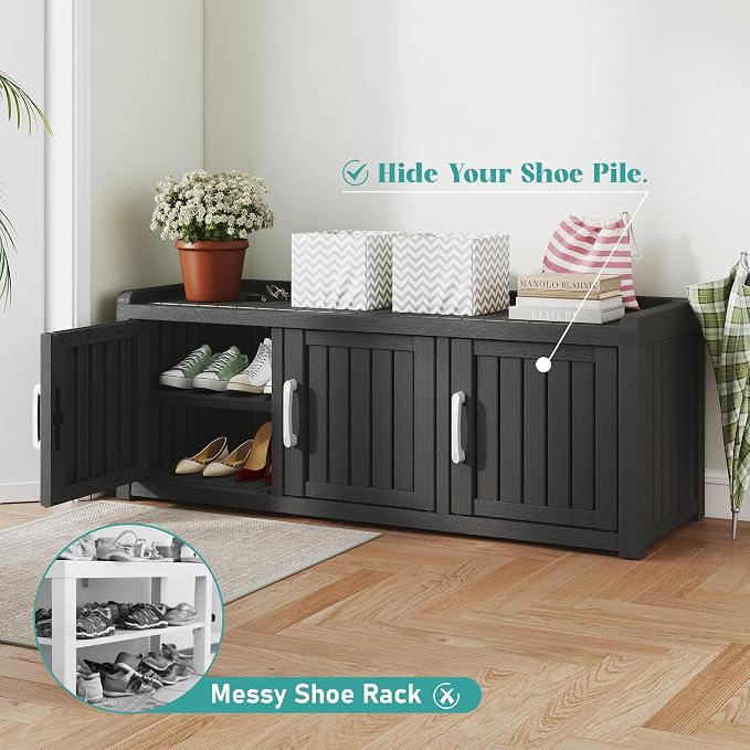 NUNU LAB Shoe Storage Cabinet, Waterproof Shoe Organizer with Adjustable Shelves, UV-Resistant Entryway Shoe Cabinet Bench with 3 Barn Doors for Indoor Outdoor, Foyer, Hallway, Living Room,Black