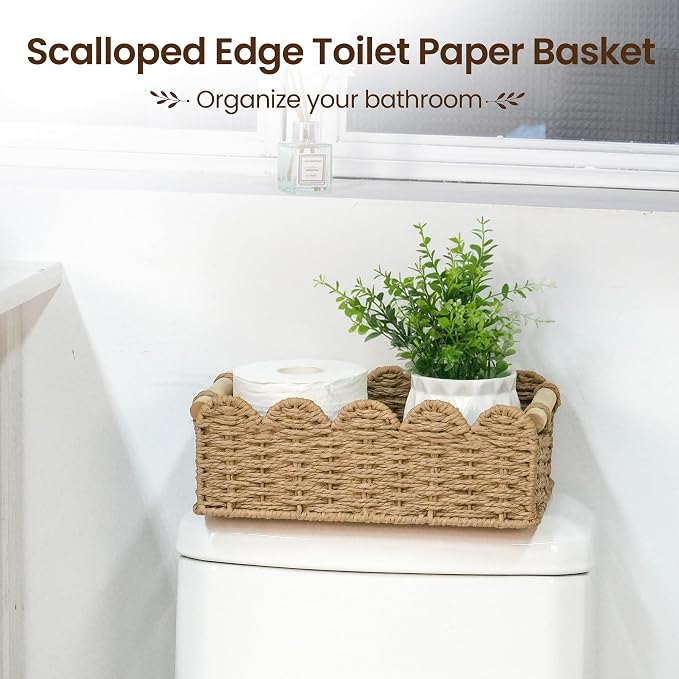 iEGrow Paper Rope Small Storage Baskets for Organizing, Set of 2 Scalloped Edge Wicker Basket with Wooden Handles Toilet Paper Basket for Over Toilet Storage Shelf, Home Decor, Living Room (Neutral)