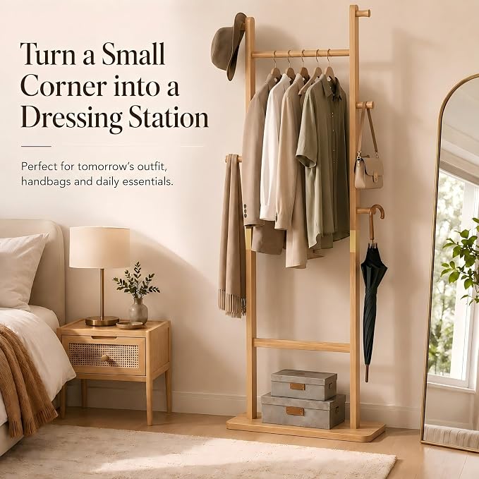 Solid Wood Coat Rack Freestanding, Clothing Rack with 5 Hooks & Bottom Shelf, Coat Rack Stand for Hanging Clothes, Wood Hall Tree Organizer for Entryway, Bedroom (Natural Wood 23.6"W x 70.8"H)