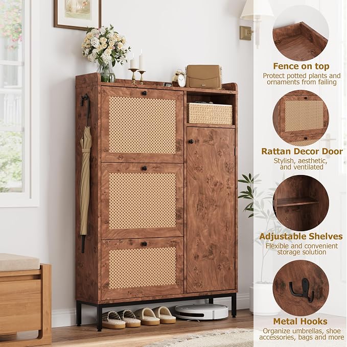Garvee Shoe Cabinet with 3 Flip Drawers and 4-Tier Shoe Storage Cabinet, Freestanding Shoe Organizer with Adjustable Shelf and Rattan Doors for Entryway, Closet, Hallway