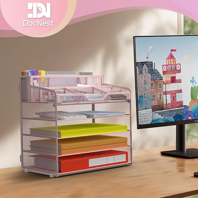 Docnest 5 Tier Mesh Desk Organizer with Letter Tray & Paper Sorter, Pink | Features 3 built-in pen holders & 5 adjustable compartments on top. Includes 4 non-slip rubber feet for desk protection