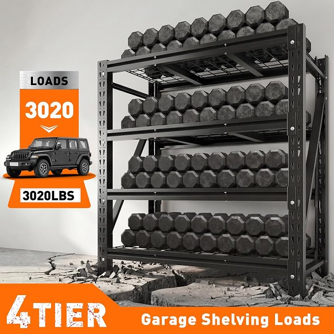 Romorgniz 51.6" W Garage Shelving 3000LBS Heavy Duty Storage Shelves Adjustable Industrial Shelving Large Metal Shelves for Garage Warehouse Basement Shop, 51.6" W x 17.8" D x 72" H, Black, 2PC