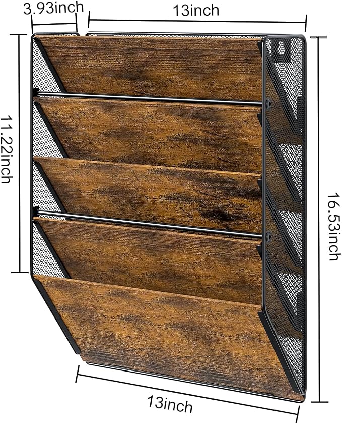 Wall File Organizer for Office, 5-Tier Rustic Hanging File holder Wall Storage Rack for Documents/Magazine/Literature/File Folders/Mails/Envelopes, Brown