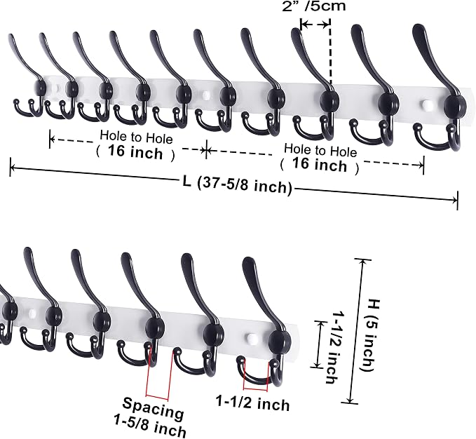 Dseap Coat Rack Wall Mount - 38” Long 10-Tri-Hooks Heavy Duty Coat Hanger Rail Wall Hooks for Hanging Coats Hats Clothing Clothes Purse Mudroom Entryway, White/Black, Pack of 2