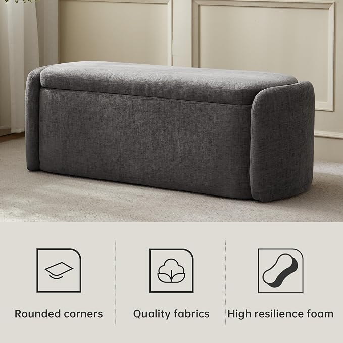 VKNOW Storage Bench, Upholstered Storage Ottoman Bench with Hinge, Grey | Ottoman Bench with Large Capacity, Curved Frame, Soft Fabric, Storage Bench for Bedroom, Living Room, Entryway, Window