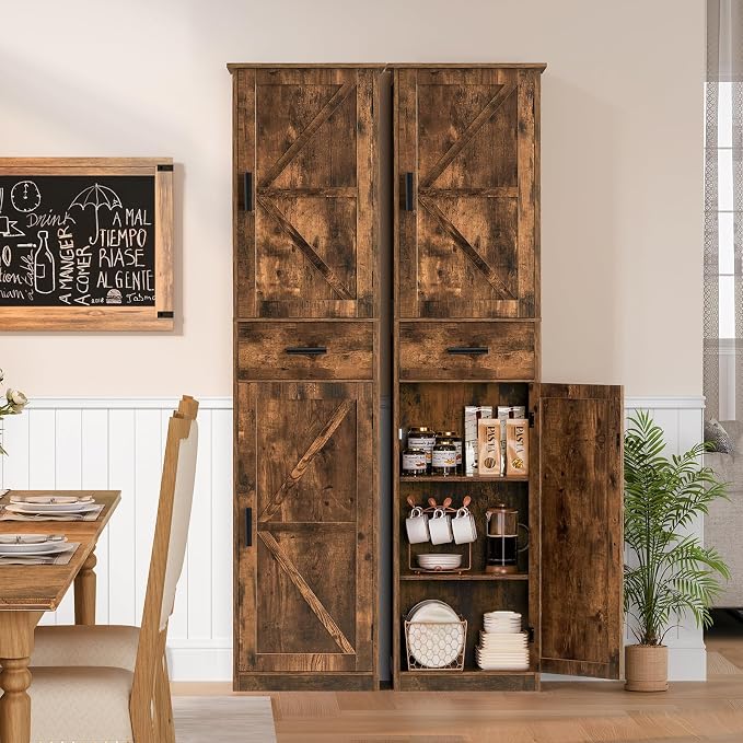 TEENFON Tall Bathroom Cabinet, Storage Cabinet with 6 Shelves & Drawer, Bathroom Storage Cabinet with Adjustable Shelves, Tall Cabinet for Living Room, Home Office, Brown