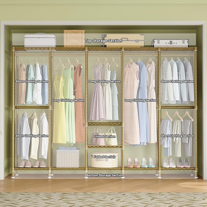 Higeego H5 Heavy Duty Clothes Rack, Freestanding Clothing Rack, Gold | 93.3"Wx15.7"Dx75.4"H, Large Garment Rack, Freestanding Clost Rack for hanging clothes, with Adjustable Shelf, Load 1400 lbs