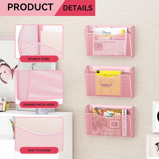 3 Single Pocket Wall File Holder, Mesh Hanging File Folder Paper Organizer, Vertical Wall Mounted Mail Basket, Storage Organization Magazine Rack for Office, Home and School, Pink
