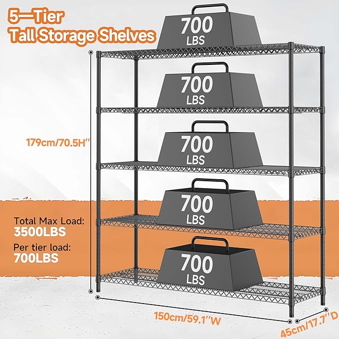 M MZG 3500LBS 59" W 5 Tiers Storage Shelves, Metal Shelving Wire Metal Shelving Unit Shelves for Storage Adjustable Garage Shelving for Pantry Kitchen Garage Black 17.7" D x 59.1" W x 70.4" H