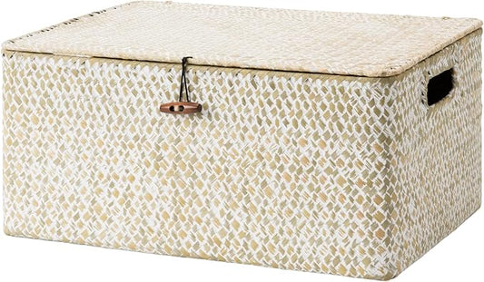 StorageWorks Wicker Baskets with Lid, Seagrass Storage Baskets for Shelves, Decorative Box with Built-in Handles,White