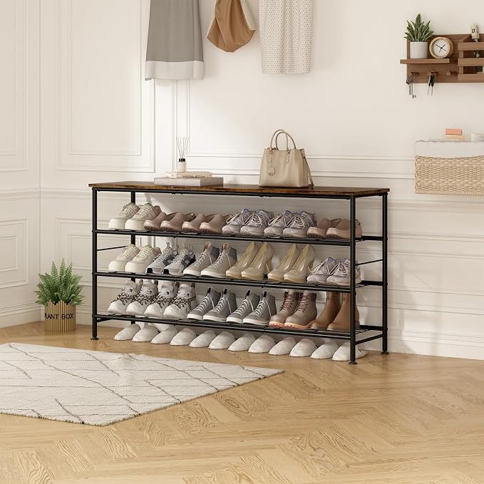 SUOERNUO 4 Tier Extra Long Shoe Rack Organizer Storage for Closet Entryway | Large Capacity Shelf,MDF Top Board,Sturdy Metal Frame,Ideal for Living Room,Hallway Black