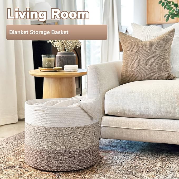 Goodpick Woven Basket for Blankets & Toys, Nursery & Living Room Decor, 45L | 15.8 x 15.8 x 13.8 In Baby Toy Storage Basket for Nursery, Blanket Basket for Living Room, Toy Bin, Light & Brown